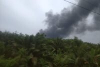 Asap membumbung tinggi yang diduga disebabkan dapur penyulingan minyak mentah (Kondensat) ilegal terbakar di Desa Air Hitam, Kecamatan Gebang, Langkat.