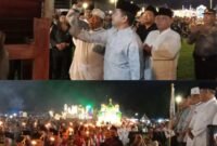 Pj Gubernur Sumut diwakili Sekretaris DPRD Sumut Utara Dr Zulkifli SIP MM bersama anggota DPRD Sumut Wagirin Arman selaku pemrakarsa kegiatan dan Forkopimda, Forkopimca saat pelepasan Festival Takbir Akbar dan Pawai Obor di di Lapangan Desa Klambir V Kebun, Kecamatan Hamparan Perak, Kabupaten Deli Serdang, Sumatera Utara, Minggu (16/06/24) malam.