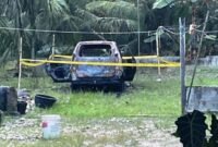 Mobil Olit, Ketua PAC PP Tanjung Pura yang dibakar orang tak dikenal pesis di samping kediamannya, Minggu (26/11/2023) dini hari lalu.