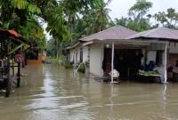Rumah warga di Desa Pantai Gemi, Kecamatan Stabat, Langkat yang kebanjiran.