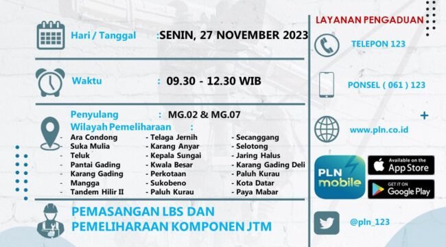 Jadwal pemadaman listrik sementara ULP PLN Stabat.
