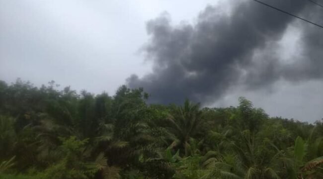 Asap membumbung tinggi yang diduga disebabkan dapur penyulingan minyak mentah (Kondensat) ilegal terbakar di Desa Air Hitam, Kecamatan Gebang, Langkat.