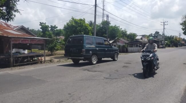 Jalan yang baru dilakukan pemeliharaan dengan pagu Rp6,5 Miliar dari PAPBD Langkat kini sudah berlubang.