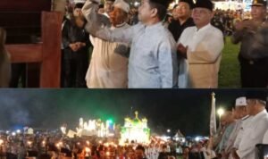 Pj Gubernur Sumut diwakili Sekretaris DPRD Sumut Utara Dr Zulkifli SIP MM bersama anggota DPRD Sumut Wagirin Arman selaku pemrakarsa kegiatan dan Forkopimda, Forkopimca saat pelepasan Festival Takbir Akbar dan Pawai Obor di di Lapangan Desa Klambir V Kebun, Kecamatan Hamparan Perak, Kabupaten Deli Serdang, Sumatera Utara, Minggu (16/06/24) malam.