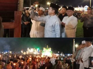 Pj Gubernur Sumut diwakili Sekretaris DPRD Sumut Utara Dr Zulkifli SIP MM bersama anggota DPRD Sumut Wagirin Arman selaku pemrakarsa kegiatan dan Forkopimda, Forkopimca saat pelepasan Festival Takbir Akbar dan Pawai Obor di di Lapangan Desa Klambir V Kebun, Kecamatan Hamparan Perak, Kabupaten Deli Serdang, Sumatera Utara, Minggu (16/06/24) malam. 