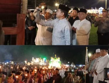 Pj Gubernur Sumut diwakili Sekretaris DPRD Sumut Utara Dr Zulkifli SIP MM bersama anggota DPRD Sumut Wagirin Arman selaku pemrakarsa kegiatan dan Forkopimda, Forkopimca saat pelepasan Festival Takbir Akbar dan Pawai Obor di di Lapangan Desa Klambir V Kebun, Kecamatan Hamparan Perak, Kabupaten Deli Serdang, Sumatera Utara, Minggu (16/06/24) malam. 