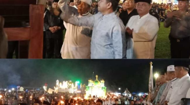 Pj Gubernur Sumut diwakili Sekretaris DPRD Sumut Utara Dr Zulkifli SIP MM bersama anggota DPRD Sumut Wagirin Arman selaku pemrakarsa kegiatan dan Forkopimda, Forkopimca saat pelepasan Festival Takbir Akbar dan Pawai Obor di di Lapangan Desa Klambir V Kebun, Kecamatan Hamparan Perak, Kabupaten Deli Serdang, Sumatera Utara, Minggu (16/06/24) malam. 