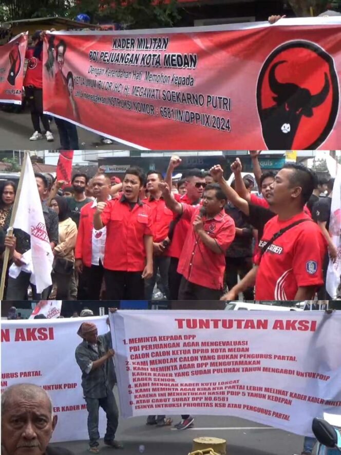 
Ratusan kader militan PDI Perjuangan bersama warga simpatisan menggelar aksi damai di depan Tiara Convention Hall Medan, Sabtu (27/10/2024), saat berlangsungnya Rakercabsus DPC PDIP Medan.
