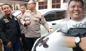 Kapolres Langkat AKBP David Triyo Prasojo memperlihatkan mobil rentalan yang digelapkan tersangka Fer (kanan)