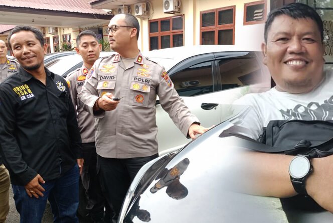 
Kapolres Langkat AKBP David Triyo Prasojo memperlihatkan mobil rentalan yang digelapkan tersangka Fer (kanan).