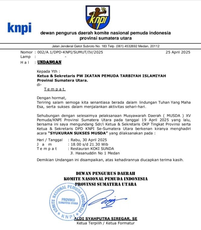 
Ketua DPD KNPI Sumut Secara Resmi Undang Ketua IPTI Sumut Buya Drs Khairul Muslim Hadiri Syukuran Sukses Musda