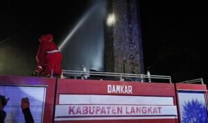 Tim Damkar Pemkab Langkat saat membasmi sarang labah di Tugu T Amir Hamzah1