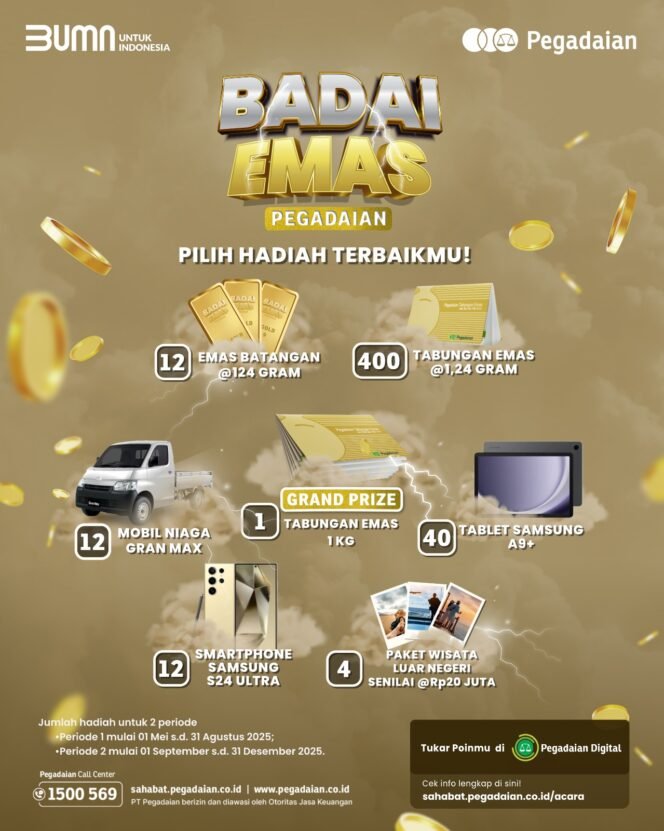 
PT Pegadaian kembali menghadirkan program loyalitas berupa undian berhadiah melalui Program Badai Emas Pegadaian 2025