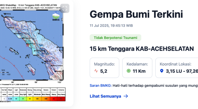 Peta titik gempa di Aceh Selatan